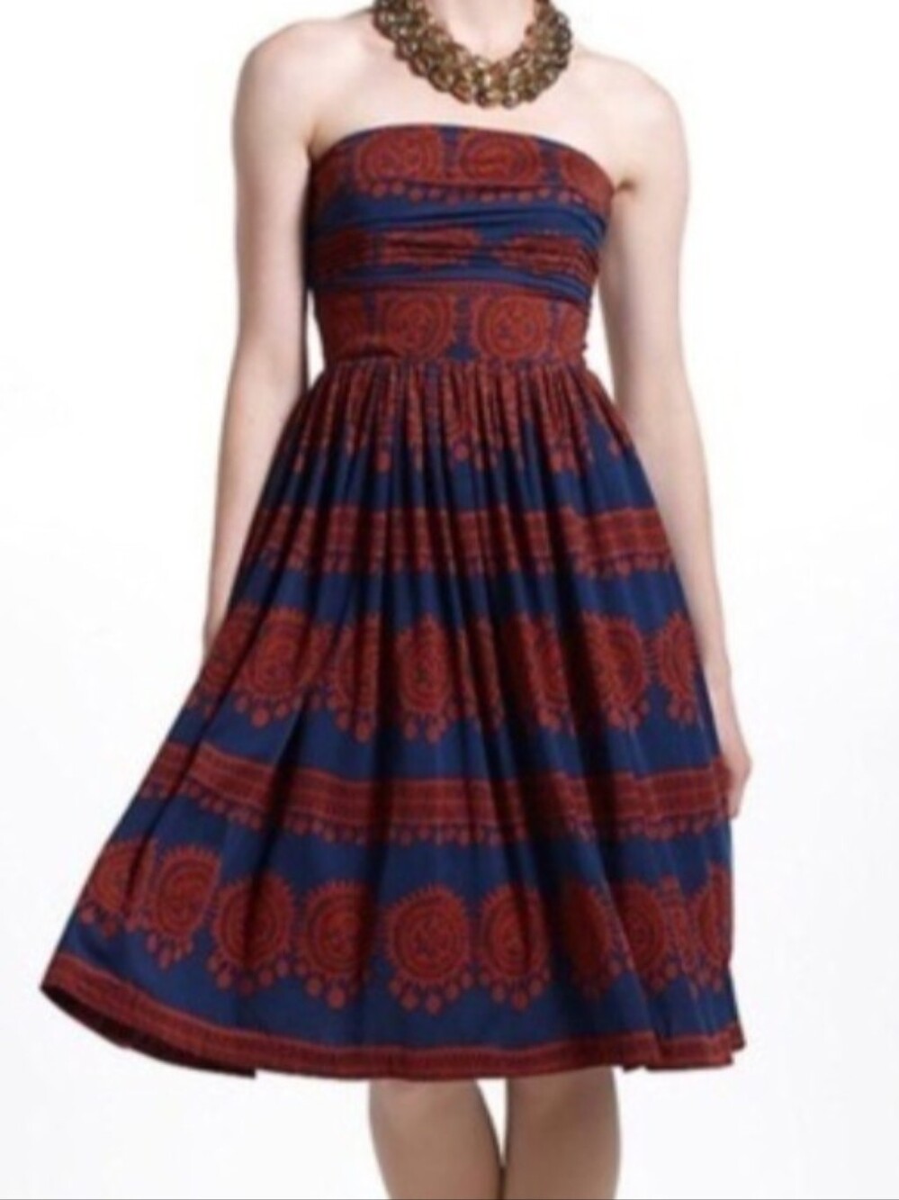 Navy and Rust Strapless Printed Midi Dress M (Flawed)